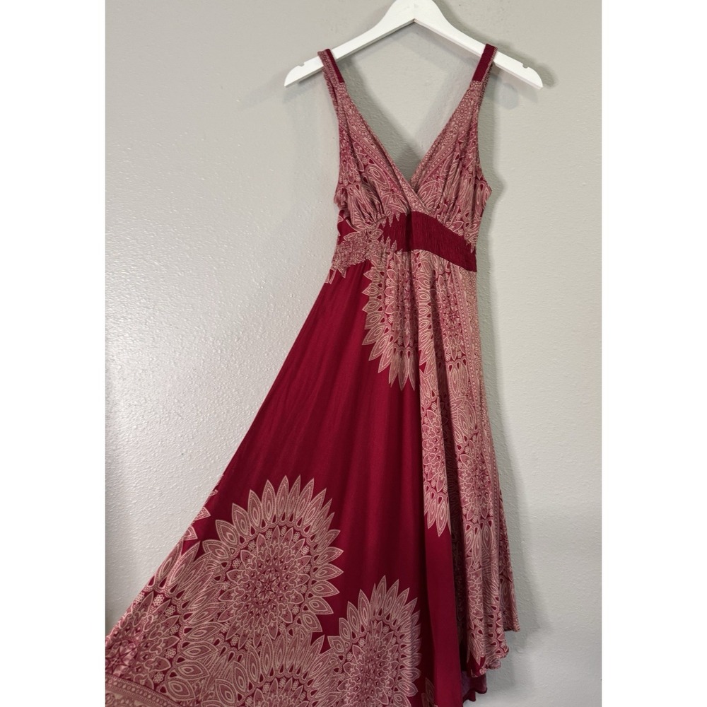 Boho Rayon Maxi Dress Burgundy Mandala Print Smocked Empire Waist Festival